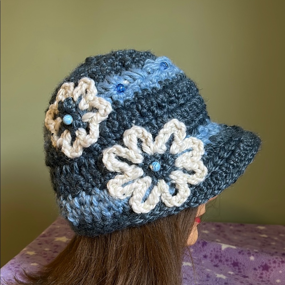 Elegant Blue and White Crochet newsboy hat medium soft thick warm acrylic blend